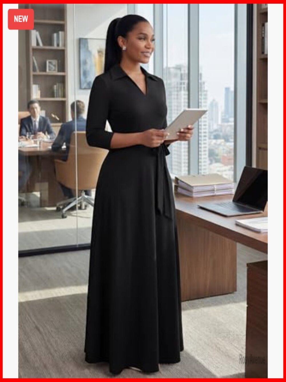 Maxi Dress V Neck 3/4 Sleeve Fit & Flare Semi Formal Casual - Picture 5 of 7